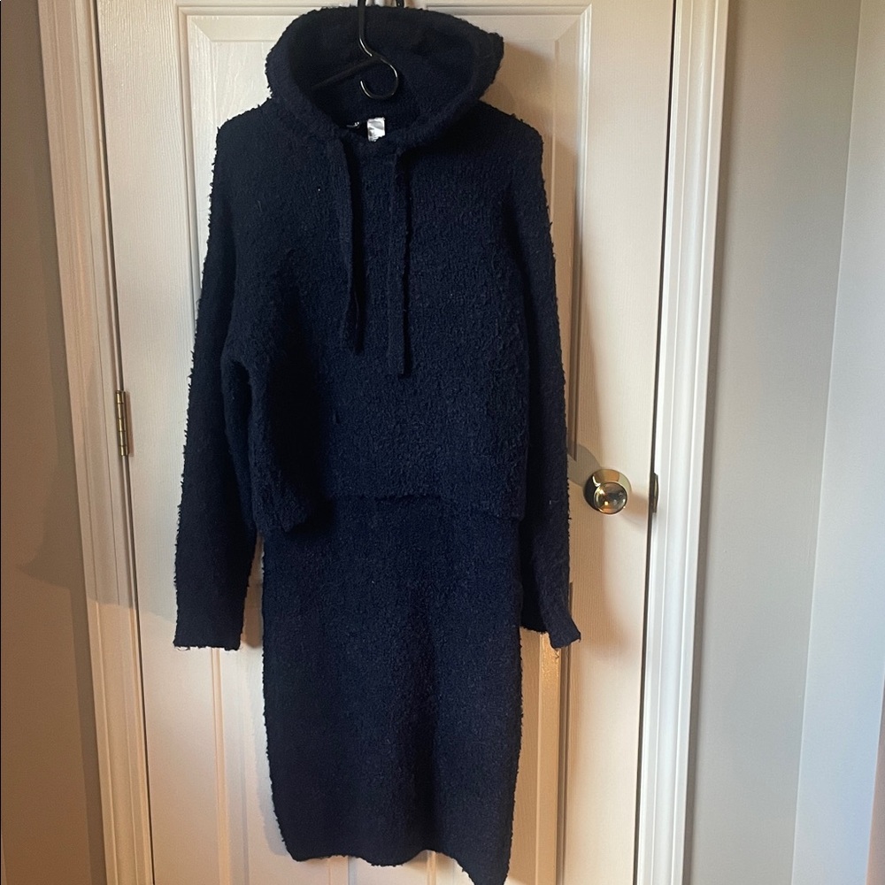 H&M Navy Cozy Knit Cropped Hoodie & Maxi Skirt Set
